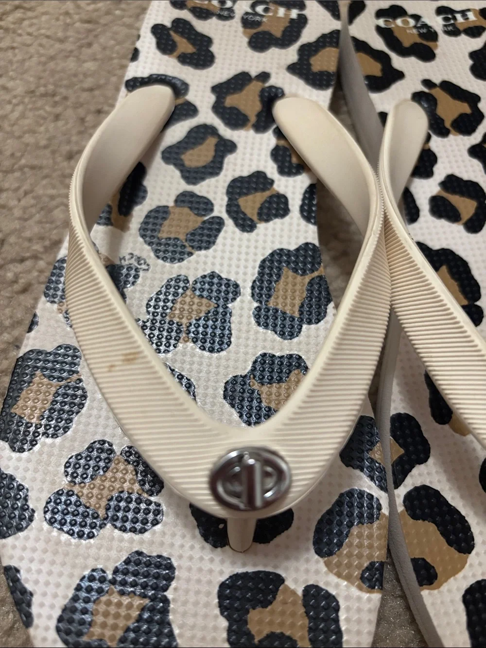 Coach Leopard-Print Flip Flops with Cream Straps